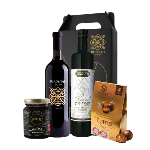 מארז מתנה הכולל יין אדום רקנאטי יסמין, שמן זית כתית מעולה, חרוסת ושוקולד במארז קרטון של יקב.